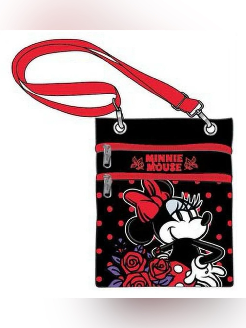 Disney Mickey Minnie Mouse Passport Crossbody - Black with Red Roses